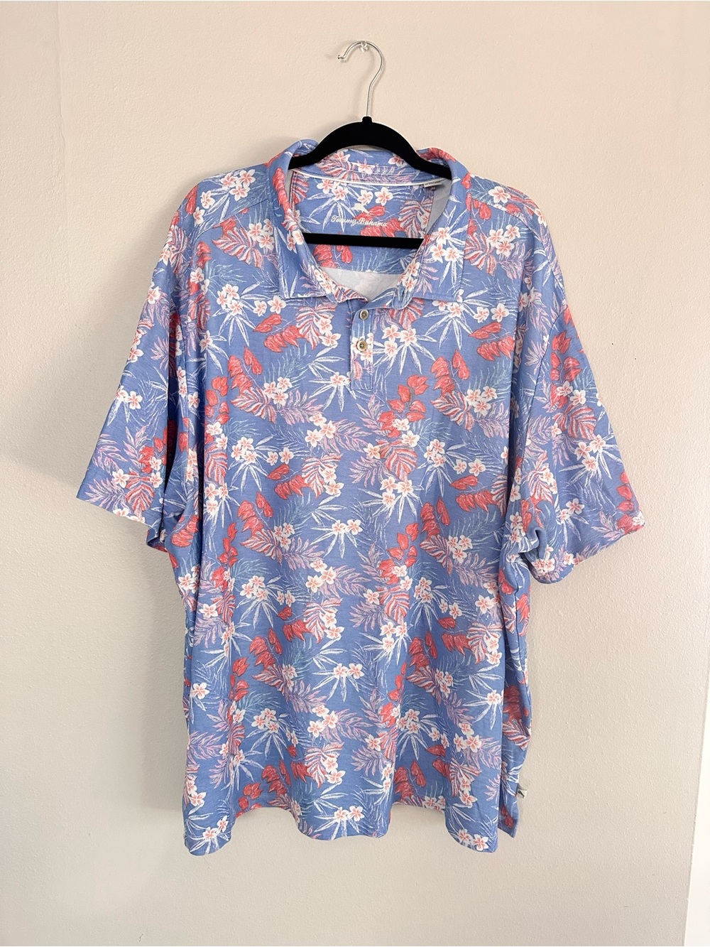 Tommy Bahama Men Blue Tropical Floral Print Polo with Coral Accents